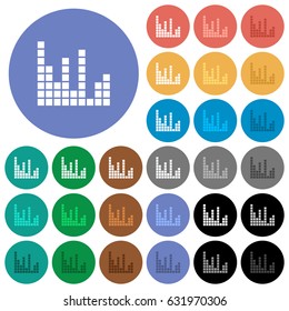 Sound bars multi colored flat icons on round backgrounds. Included white, light and dark icon variations for hover and active status effects, and bonus shades on black backgounds.
