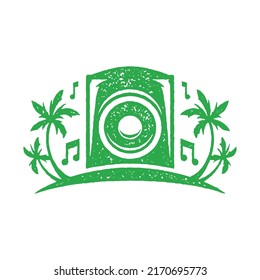 Sound bass audio system at tropical island surrounded by flying musical notes green artwork grunge texture vector illustration. Stereo acoustic loudspeaker summer party nightclub discotheque resort