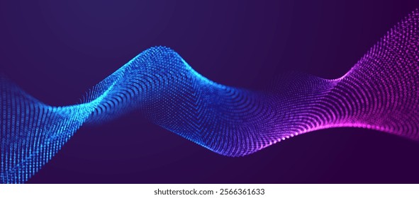 Sound blue and purple particle background. Audio wave with flowing dotted landscape. Big data ai connect structure. Grid mesh futuristic style. Pattern point graph vector technology.