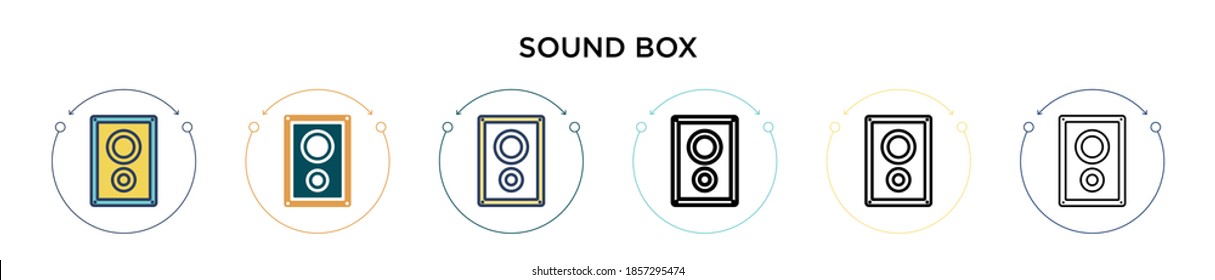 Sound box icon in filled, thin line, outline and stroke style. Vector illustration of two colored and black sound box vector icons designs can be used for mobile, ui, web