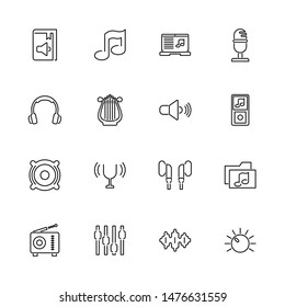 Sound, Broadcasting outline icons set - Black symbol on white background. Sound, Broadcasting Simple Illustration Symbol - lined simplicity Sign. Flat Vector thin line Icon - editable stroke