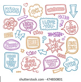 Sound bubble speech bubbles with phrases word and comic cartoon expression. Colorful vector illustrations for graphic and web design. Doodle school style. 