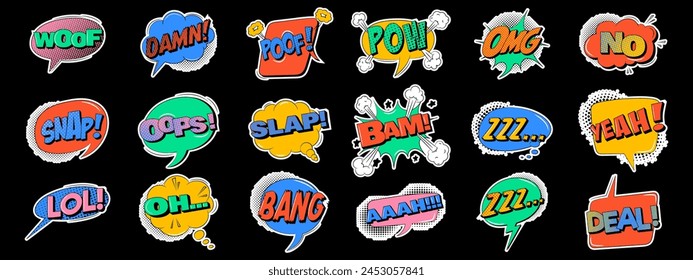 Sound bubble speech in trendy retro style. Comic sound effects. Collection of pop art stickers