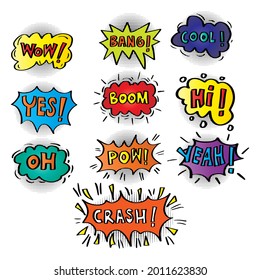 Sound bubble speech with word and comic cartoon expression. 

