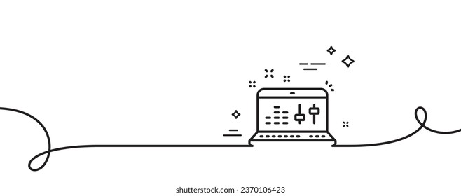 Icono de línea de comprobación de sonido. Una línea continua con curl. Señal del controlador DJ. Aplicación musical en símbolo de laptop. Comprobación de sonido con una cinta de contorno simple. Patrón de curva de bucle. Vector
