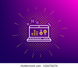 Sound check line icon. Halftone pattern. DJ controller sign. Musical app on laptop symbol. Gradient background. Sound check line icon. Yellow halftone pattern. Vector