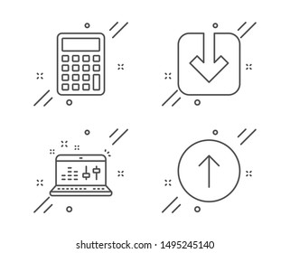 Sound check, Load document and Calculator line icons set. Swipe up sign. Dj controller, Download arrowhead, Accounting device. Scroll screen. Technology set. Line sound check outline icon. Vector
