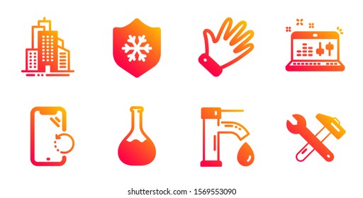 Sound check, Skyscraper buildings and Tap water line icons set. Chemistry lab, Clean skin and Hand signs. Smartphone recovery, Spanner tool symbols. Dj controller, Town architecture. Vector