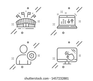 Sound Check, Sports Arena And Security Line Icons Set. Touch Screen Sign. Dj Controller, Event Stadium, Person Protection. Web Support. Line Sound Check Outline Icon. Vector