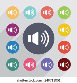 sound circle, flat icons set. Round colorful buttons 
