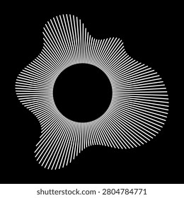 Sound circle white lines. Radial rays. Equalizer logo. Radial spectrum. Voice symbol. Sound ring layout. Circular wavy radial frame pattern. Wave design minimal element. Depicting audio music icon.