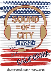 Sound of city california, america flag vector print and varsity. For t-shirt or other uses in vector.T shirt graphic