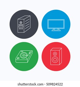 Sound, club music and pc case icons. TV linear sign. Linear icons on colored buttons. Flat web symbols. Vector