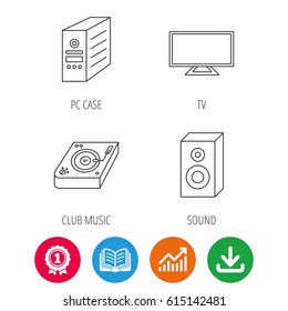 Sound, Club Music And Pc Case Icons. TV Linear Sign. Award Medal, Growth Chart And Opened Book Web Icons. Download Arrow. Vector