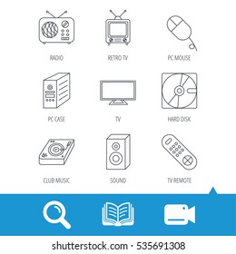 Sound, Club Music And Retro Radio Icons. PC Mouse And Case, Hard Disk Linear Signs. TV Remote Icons. Video Cam, Book And Magnifier Search Icons. Vector