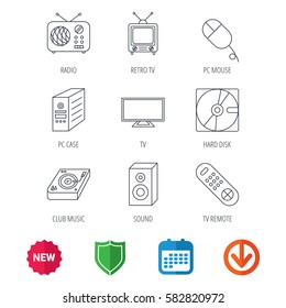 Sound, club music and retro radio icons. PC mouse and case, hard disk linear signs. TV remote icons. New tag, shield and calendar web icons. Download arrow. Vector