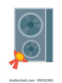 Sound column icon with label on ribbon. Electronics for listening music flat vector illustration isolated on white background. Best choice, best price, bestseller signs. For store sale and discount 