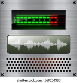  Sound control  dashboard. Vector audio VU meters. Audio equipment. Switcher, Button, Knobs, Lamps. UI Kit, audio equipment.