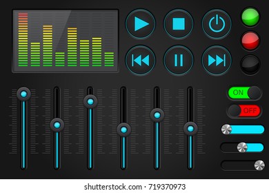 Sound control panel. Equalizer, set of media player buttons, sliders. Vector 3d illustration