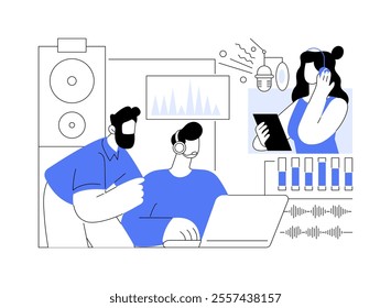 Sound control room isolated cartoon vector illustrations. Diverse recording studio workers editing and mixing sounds together, music production industry, entertainment business vector cartoon.