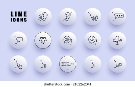 Sound control set icon. Ear, hear, volume, loud, quiet mode, voice unlock, codeword, megaphone, speech bubble, microphone, note, speak. Technology concept. Neomorphism. Vector line icon for Business.