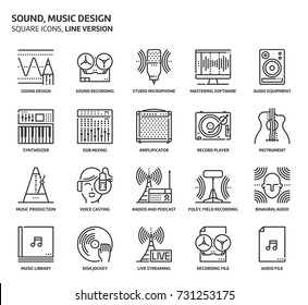 Sound design related, pixel perfect, editable stroke, up scalable vector icon set. 