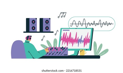 Sound designer audio engineer at workplace with computer, flat cartoon vector illustration isolated on white background. Sound and video editor working with footage.