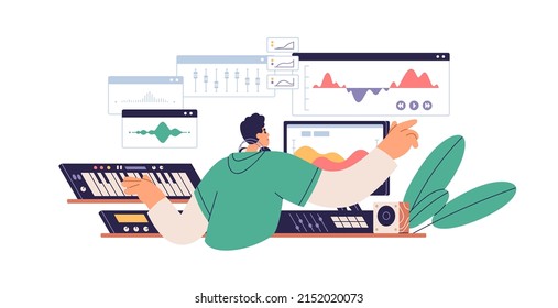 Sound designer, composer working with multimedia software, composing electronic music. Musician creating at computer desk. Audio production. Flat vector illustration isolated on white background svg