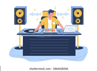 Sound Designer Creating Sound Effects, Flat Vector Illustration. Film, Tv Production. Entertainment Industry. Night Club, Dance Disco Party, Dj Playing Music.