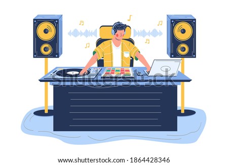 Sound designer creating sound effects, flat vector illustration. Film, tv production. Entertainment industry. Night club, dance disco party, dj playing music.