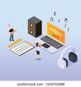 Sound designers and audio engineers mixing, creating and recording music isometric 3d vector concept for banner, website, illustration, landing page, flyer, etc.