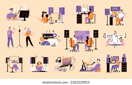 Sound designers color set with sound effects symbols flat isolated vector illustration