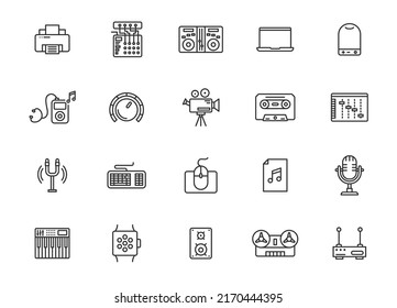 Icono de la línea del dispositivo de sonido del dispositivo de sonido del dispositivo de sonido del auricular de la computadora