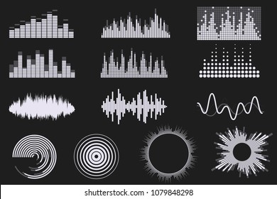 Sound Digital Equalizer Set. Audio Digital Equalizer Technology. Music Soundwave Icons. Classic, Round And Creative Shapes. Isolated On Black Background. Element For Your Design. Vector Eps 10.