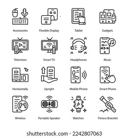 Sonido, Drone, Cámara Extrema, VR Glasses, Realidad Virtual, Teclado, Joystick, Controlador, Gafas Inteligentes, Flash Drive, Tarjeta De Memoria, Ratón, Vigilancia, Iconos De Contorno De Impresora - Estrojado, Vectores