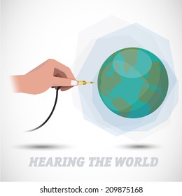 sound of earth. hand plugging  into the world - vector illustration