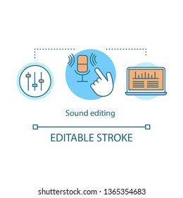 Sound editing concept icon. Music production idea thin line illustration. Audio recording, capturing. Sound effects editing software. Audio mixing. Vector isolated outline drawing. Editable stroke