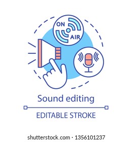 Sound editing concept icon. Sound production idea thin line illustration. Cinematography. Audio recording, syncing. Audio synchronization process. Vector isolated outline drawing. Editable stroke