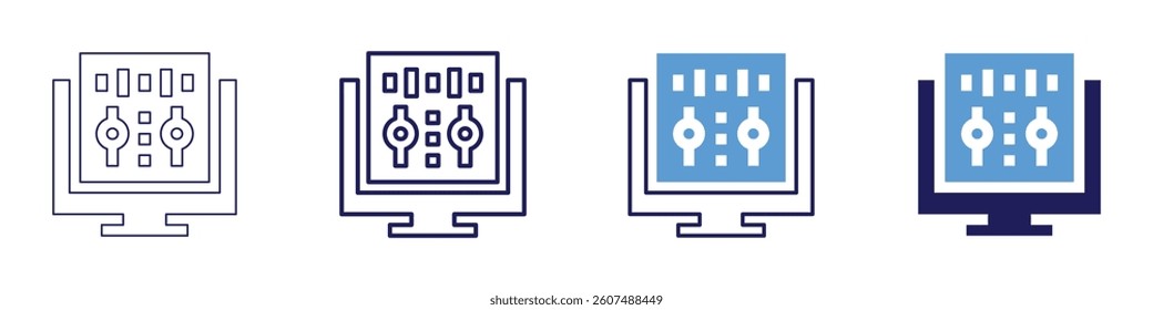 Sound editing icon in 4 different styles. Thin Line, Line, Bold Line, Duotone. Duotone style. Editable stroke.