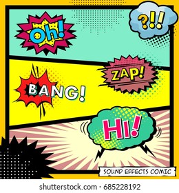 Sound effects comic. Background color, BANG, OH!, ZAP!, HI!