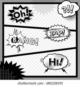 Sound effects comic. Background transparent, BANG, OH!, ZAP!, HI!