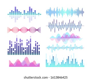 Sound effects vector color illustrations set. Soundwaves and voice vibration visualization. Audio player equalizer. Purple lines and curves isolated design elements pack. Soundtrack rhythm.