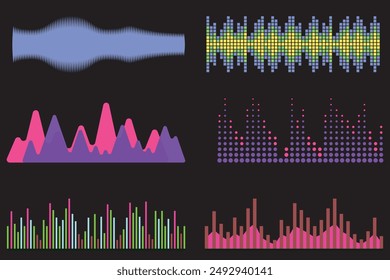 Sound effects vector color illustrations set. Soundwaves and voice vibration visualization. Audio player equalizer. Purple lines and curves isolated design elements pack. Soundtrack rhythm