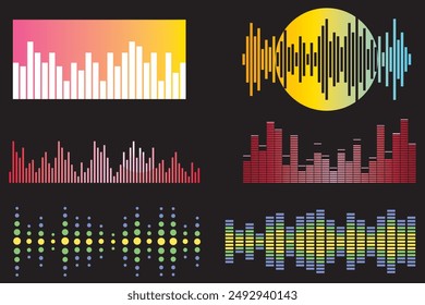 Sound effects vector color illustrations set. Soundwaves and voice vibration visualization. Audio player equalizer. Purple lines and curves isolated design elements pack. Soundtrack rhythm