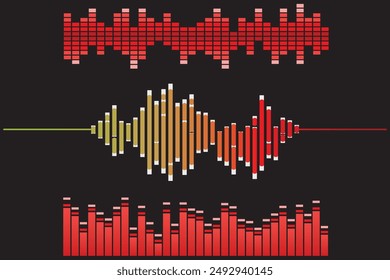 Sound effects vector color illustrations set. Soundwaves and voice vibration visualization. Audio player equalizer. Purple lines and curves isolated design elements pack. Soundtrack rhythm