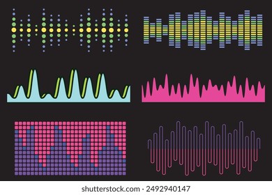 Sound effects vector color illustrations set. Soundwaves and voice vibration visualization. Audio player equalizer. Purple lines and curves isolated design elements pack. Soundtrack rhythm