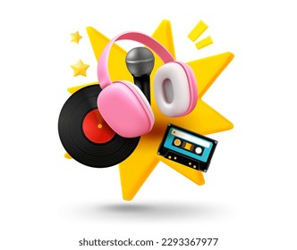 Sound elements with explosion effect. 3d vector mobile application icon with notification