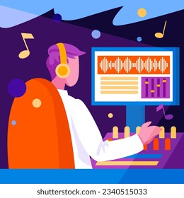 Sound engineer adjusts sound at concert. Man sitting near computer and edit music track. Concept of creating music on stage and hobby. Flat vector illustration in cartoon style