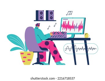 Ingeniero de sonido o compositor grabando música o efectos de sonido, ilustración vectorial de dibujos animados planos aislados en fondo blanco. Escribiendo música y diseño de sonido.