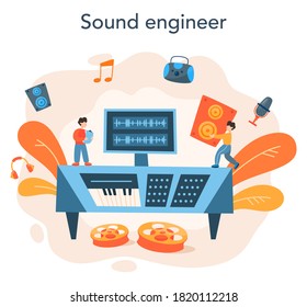 Sound engineer concept. Music production industry, sound recording studio equipment. Creator of a movie soundtrack. Vector illustration in cartoon style